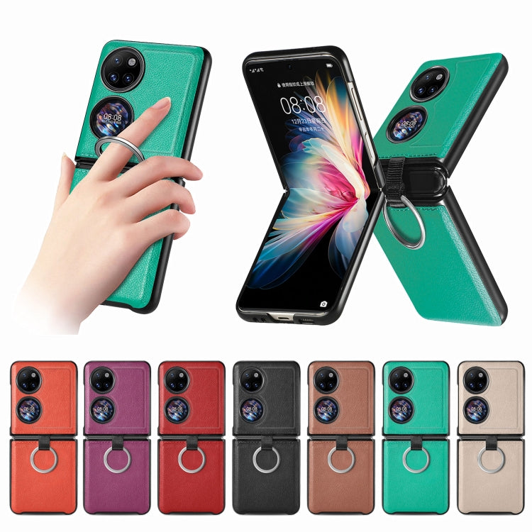 For Huawei P50 Pocket Litchi Pattern Ring Buckle Folding Phone Case