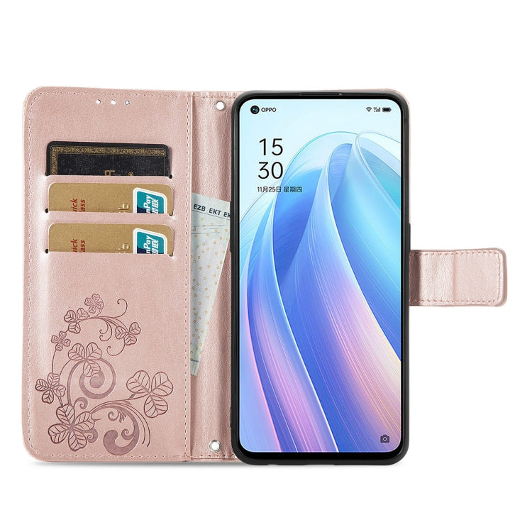 For OPPO Reno7 5G Four-leaf Clasp Embossed Buckle Leather Phone Case