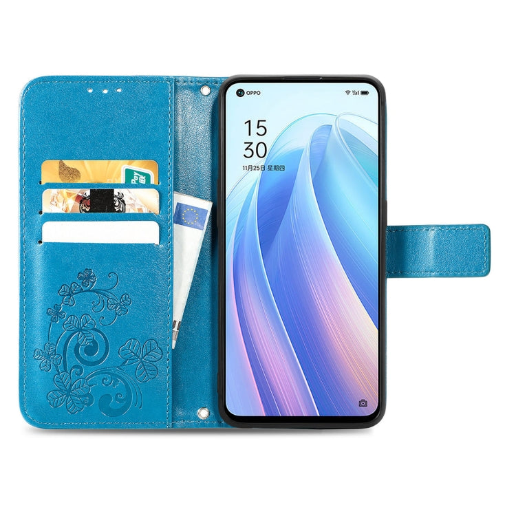 For OPPO Reno7 5G Four-leaf Clasp Embossed Buckle Leather Phone Case