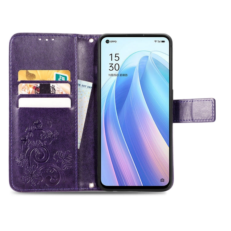 For OPPO Reno7 5G Four-leaf Clasp Embossed Buckle Leather Phone Case