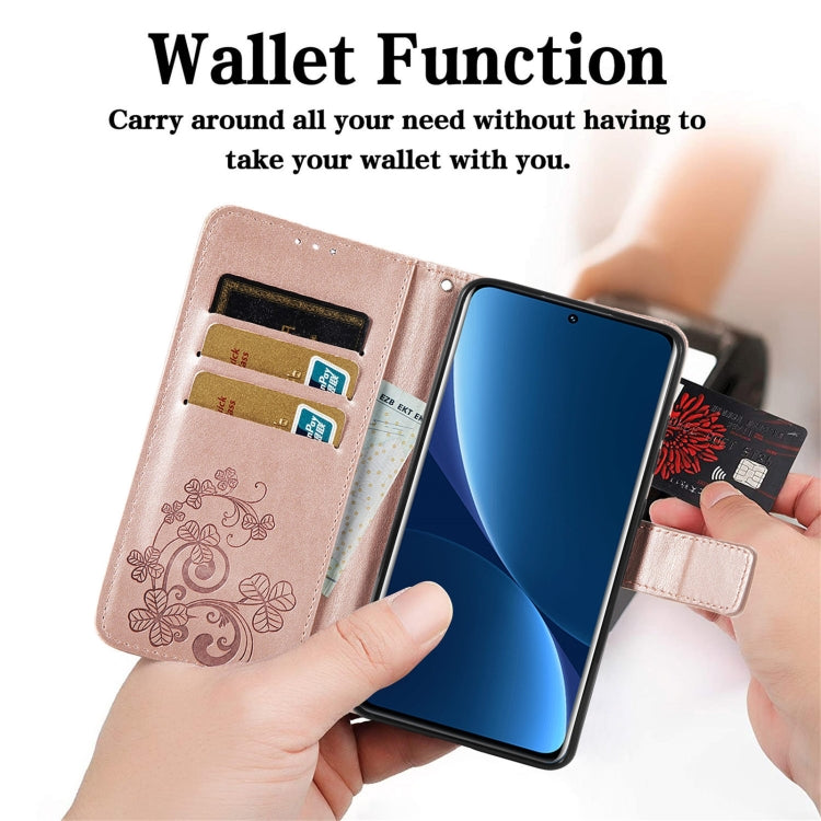 For Xiaomi 12 Pro Four-leaf Clasp Embossed Buckle Leather Phone Case