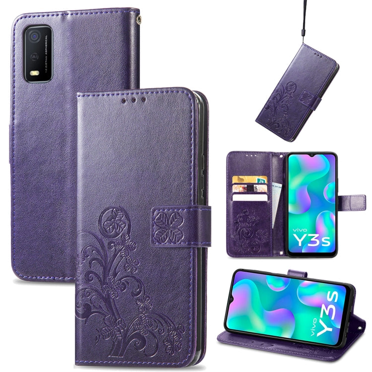 For vivo Y3s 2021 Four-leaf Clasp Embossed Buckle Leather Phone Case