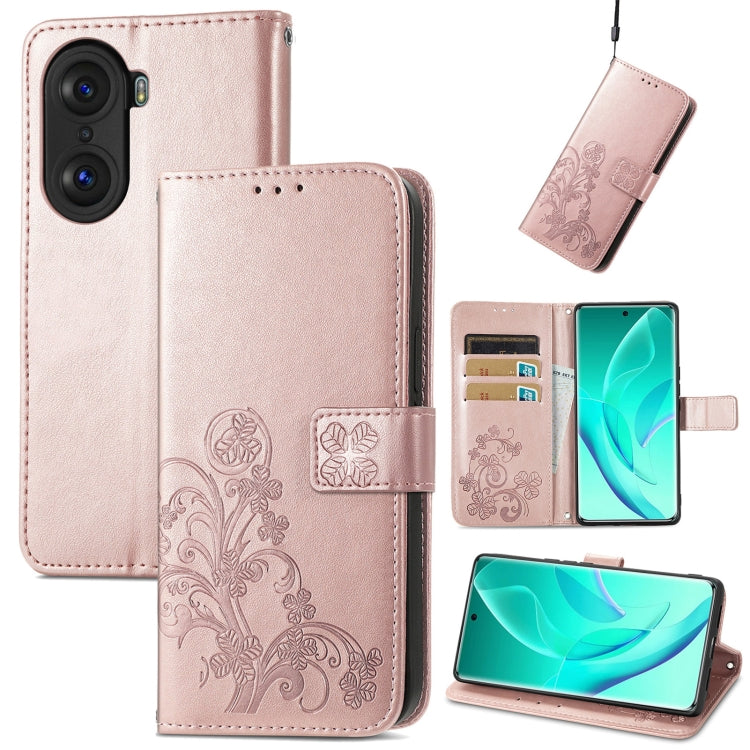 For Honor 60 Pro Four-leaf Clasp Embossed Buckle Leather Phone Case