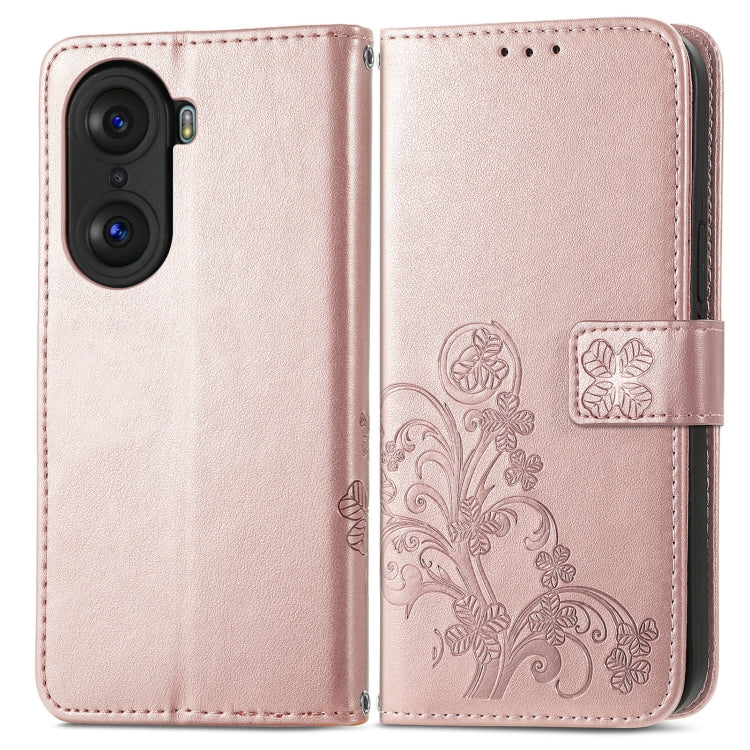 For Honor 60 Pro Four-leaf Clasp Embossed Buckle Leather Phone Case
