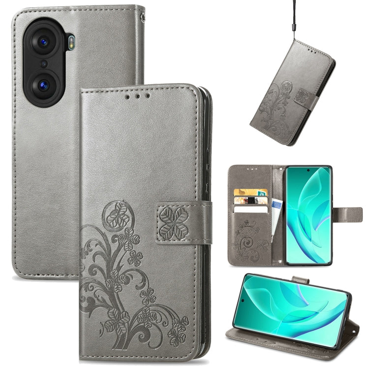 For Honor 60 Pro Four-leaf Clasp Embossed Buckle Leather Phone Case