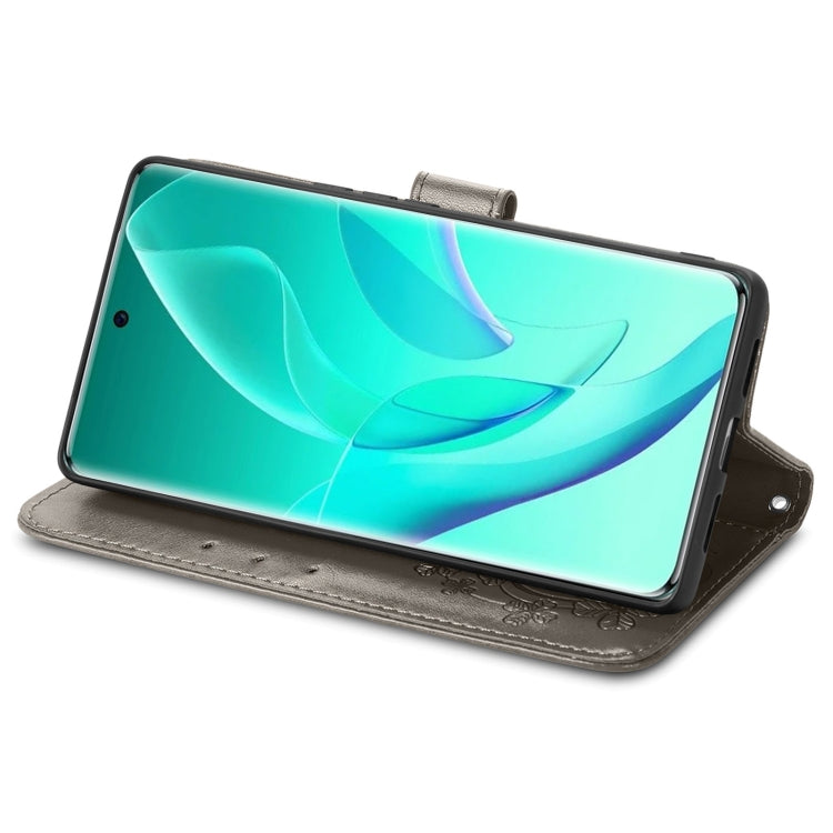 For Honor 60 Pro Four-leaf Clasp Embossed Buckle Leather Phone Case