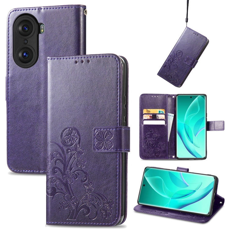 For Honor 60 Pro Four-leaf Clasp Embossed Buckle Leather Phone Case