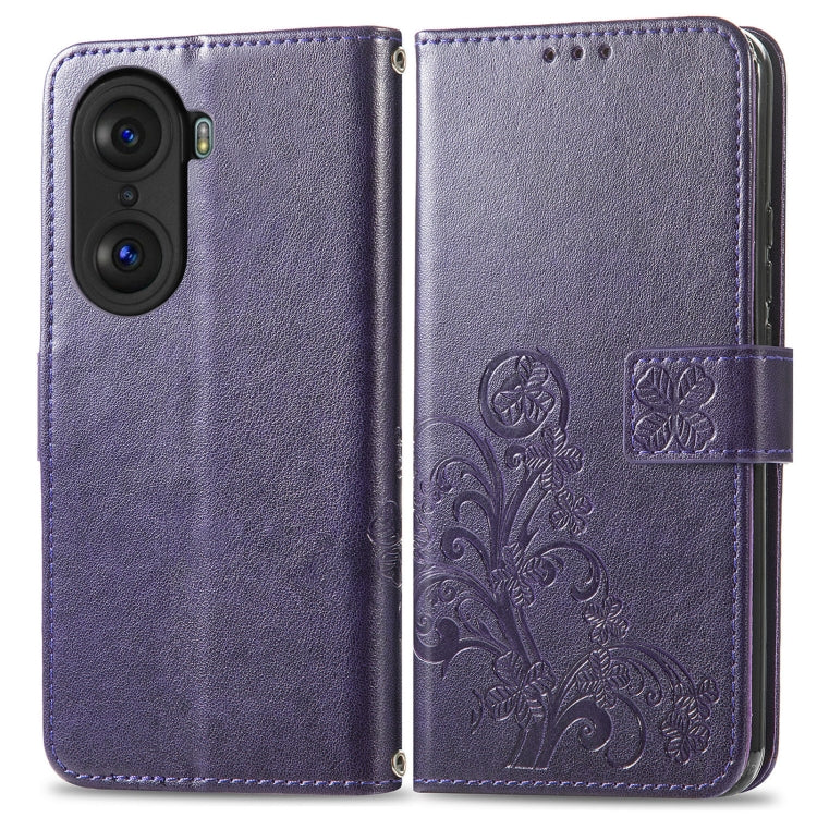 For Honor 60 Pro Four-leaf Clasp Embossed Buckle Leather Phone Case
