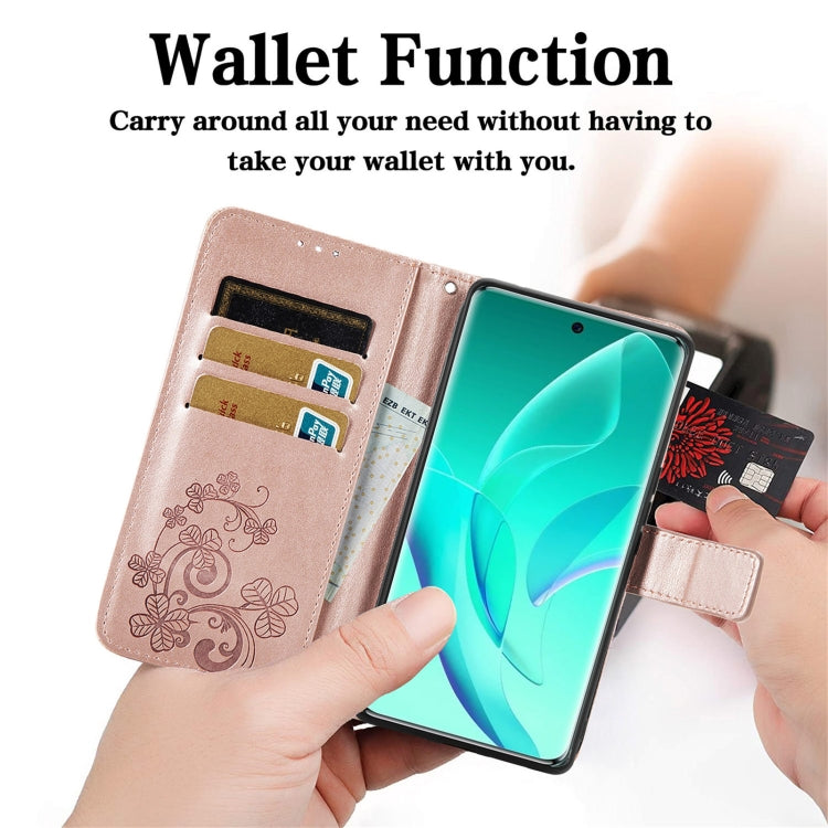 For Honor 60 Pro Four-leaf Clasp Embossed Buckle Leather Phone Case