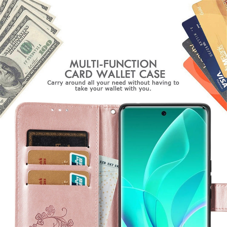 For Honor 60 Pro Four-leaf Clasp Embossed Buckle Leather Phone Case