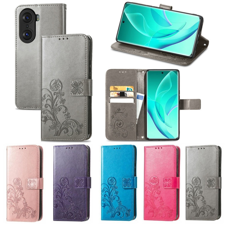 For Honor 60 Pro Four-leaf Clasp Embossed Buckle Leather Phone Case