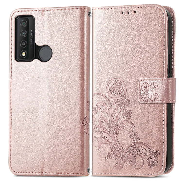 For TCL 20 XE Four-leaf Clasp Embossed Buckle Mobile Phone Leather Case