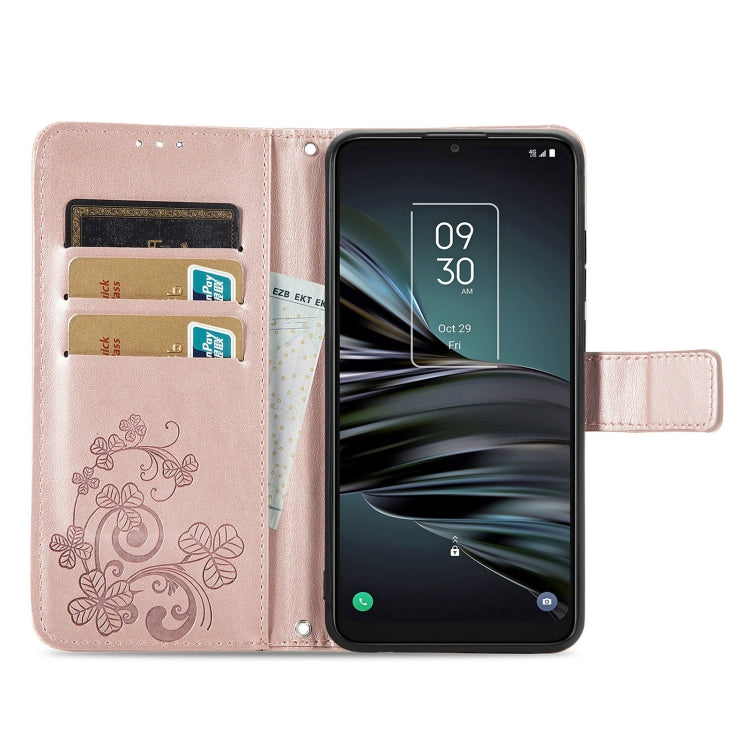 For TCL 20 XE Four-leaf Clasp Embossed Buckle Mobile Phone Leather Case