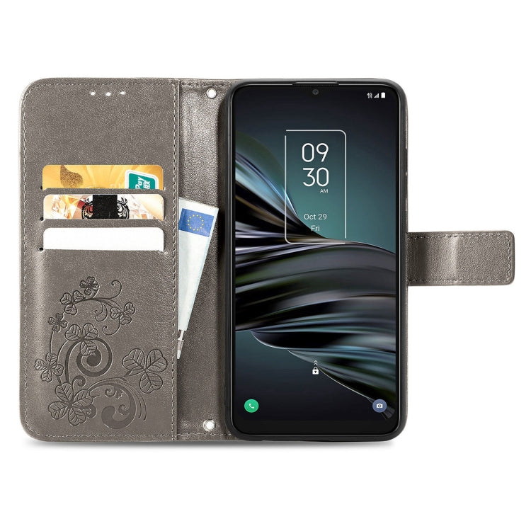 For TCL 20 XE Four-leaf Clasp Embossed Buckle Mobile Phone Leather Case