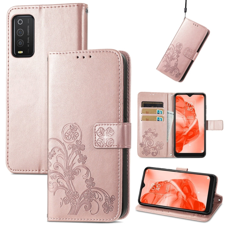 For TCL 205 Four-leaf Clasp Embossed Buckle Mobile Phone Leather Case