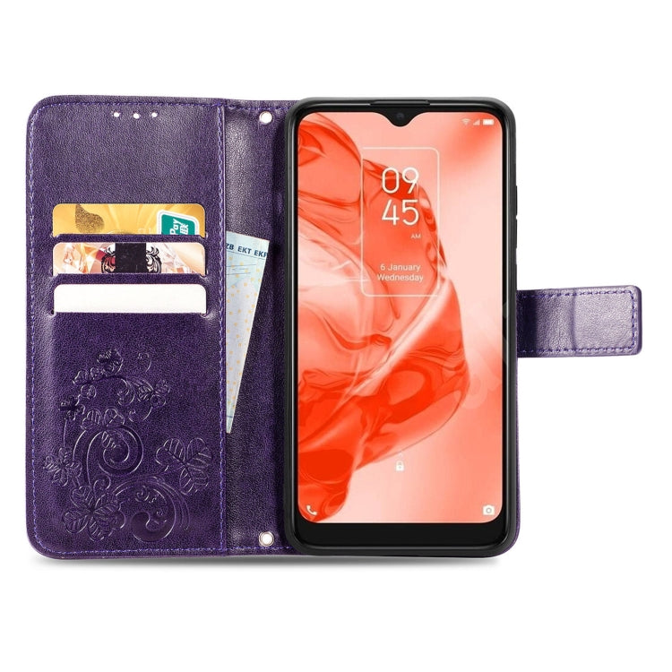 For TCL 205 Four-leaf Clasp Embossed Buckle Mobile Phone Leather Case