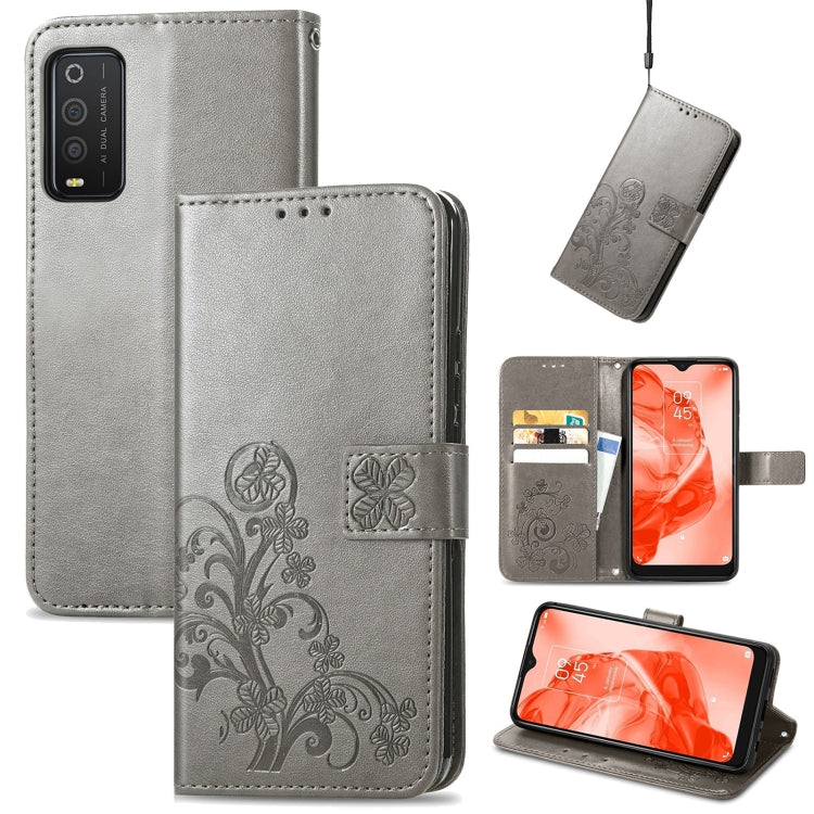 For TCL 205 Four-leaf Clasp Embossed Buckle Mobile Phone Leather Case