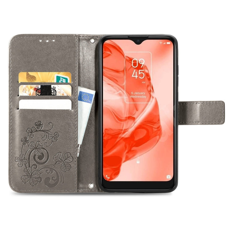 For TCL 205 Four-leaf Clasp Embossed Buckle Mobile Phone Leather Case