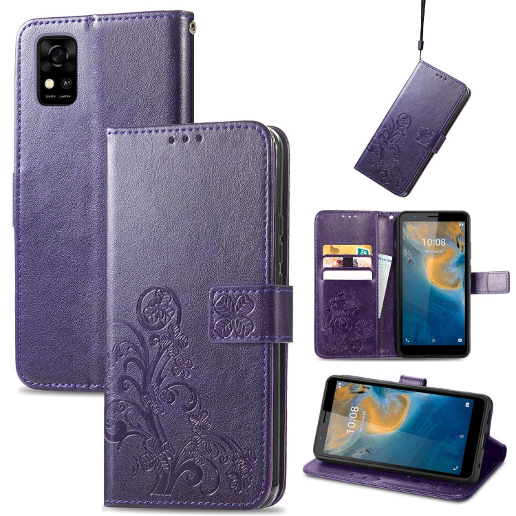 For ZTE Blade A31 Four-leaf Clasp Embossed Buckle Mobile Phone Leather Case
