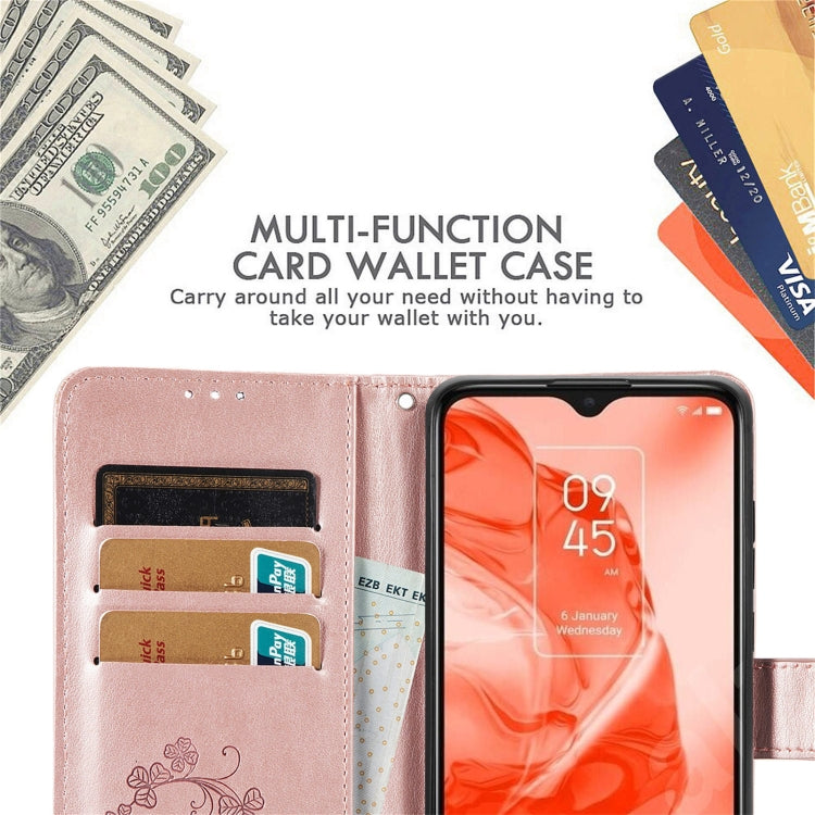 For ZTE Blade A31 Four-leaf Clasp Embossed Buckle Mobile Phone Leather Case