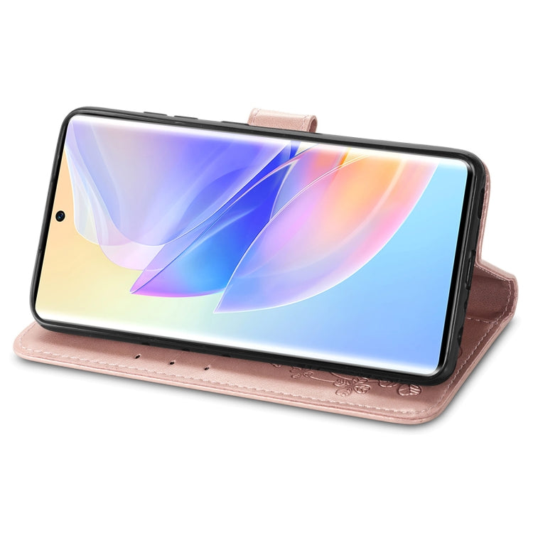 For Honor 60 SE Four-leaf Clasp Embossed Buckle Leather Phone Case