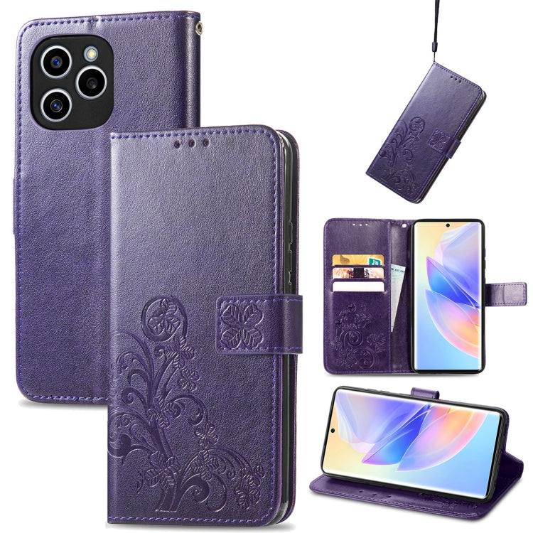 For Honor 60 SE Four-leaf Clasp Embossed Buckle Leather Phone Case