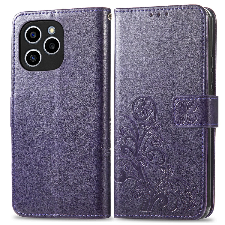 For Honor 60 SE Four-leaf Clasp Embossed Buckle Leather Phone Case