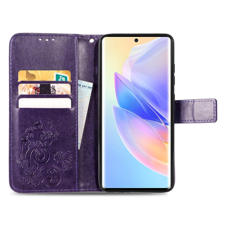 For Honor 60 SE Four-leaf Clasp Embossed Buckle Leather Phone Case