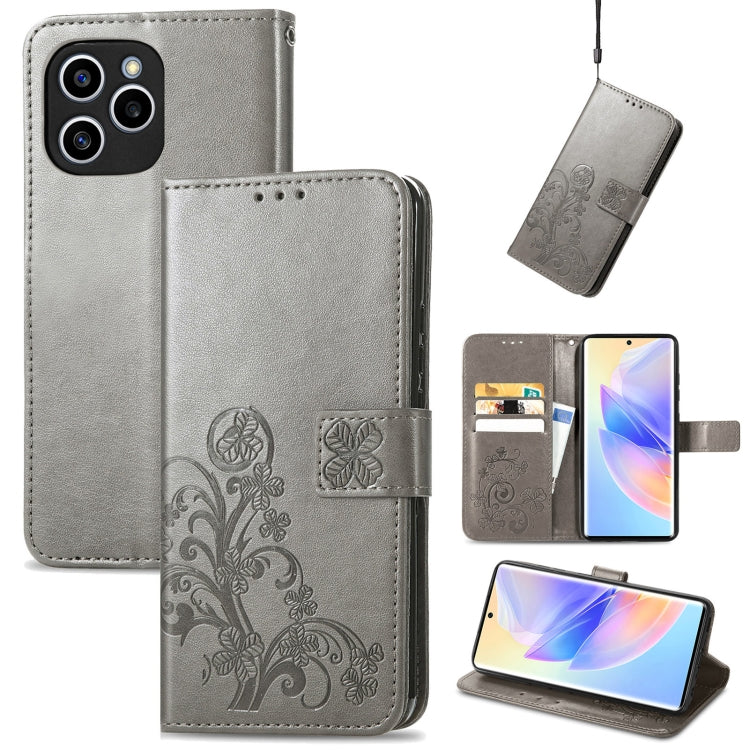 For Honor 60 SE Four-leaf Clasp Embossed Buckle Leather Phone Case