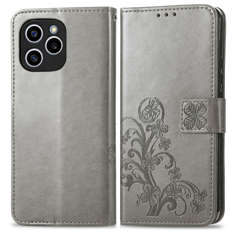 For Honor 60 SE Four-leaf Clasp Embossed Buckle Leather Phone Case