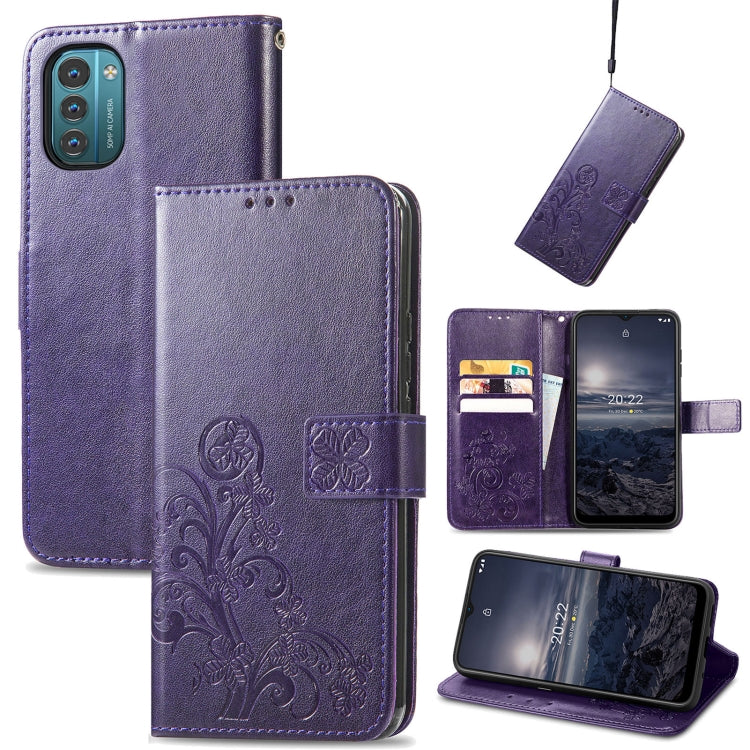 For Nokia G21 Four-leaf Clasp Embossed Buckle Leather Phone Case