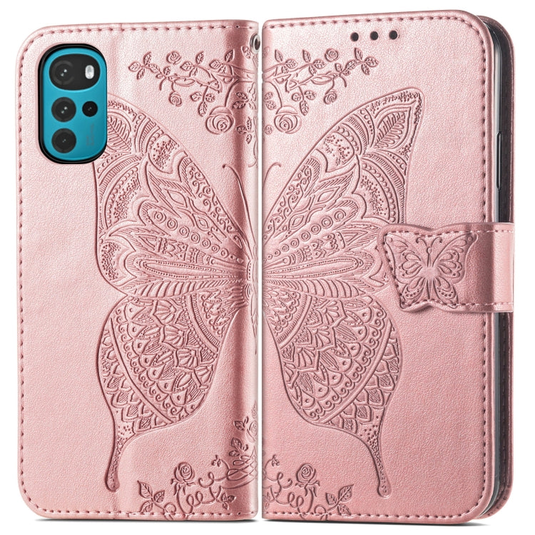 For Motorola Moto G22 Butterfly Love Flower Embossed Leather Phone Case