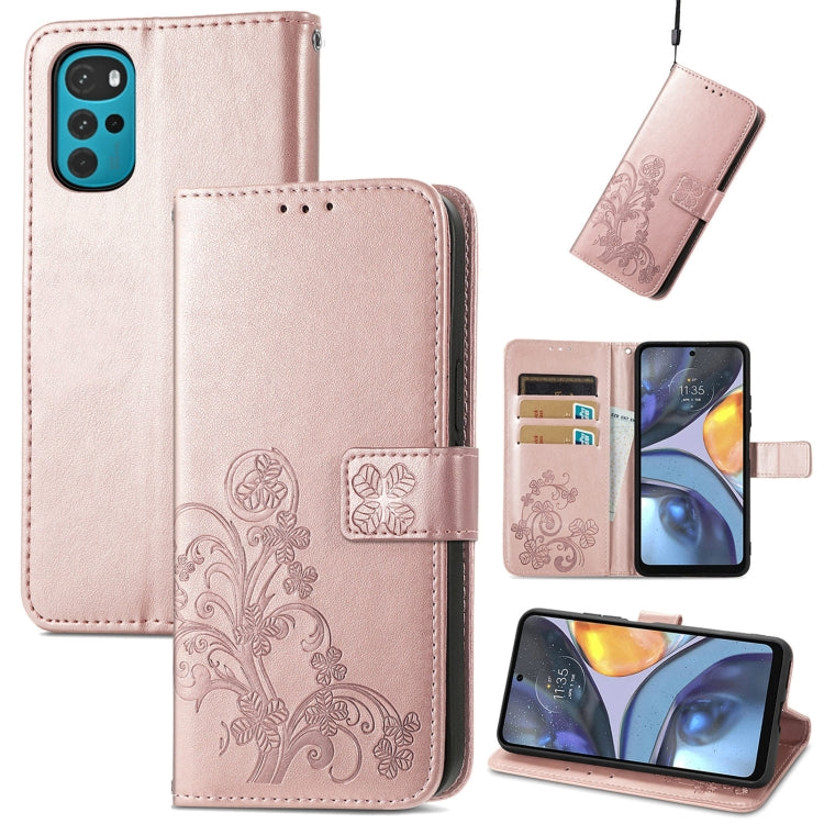 For Motorola Moto G22 Four-leaf Clasp Embossed Buckle Leather Phone Case