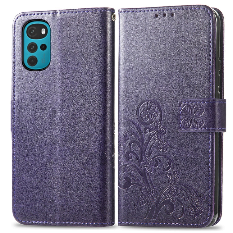 For Motorola Moto G22 Four-leaf Clasp Embossed Buckle Leather Phone Case
