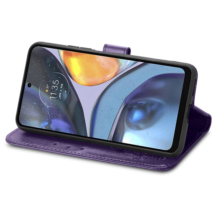 For Motorola Moto G22 Four-leaf Clasp Embossed Buckle Leather Phone Case