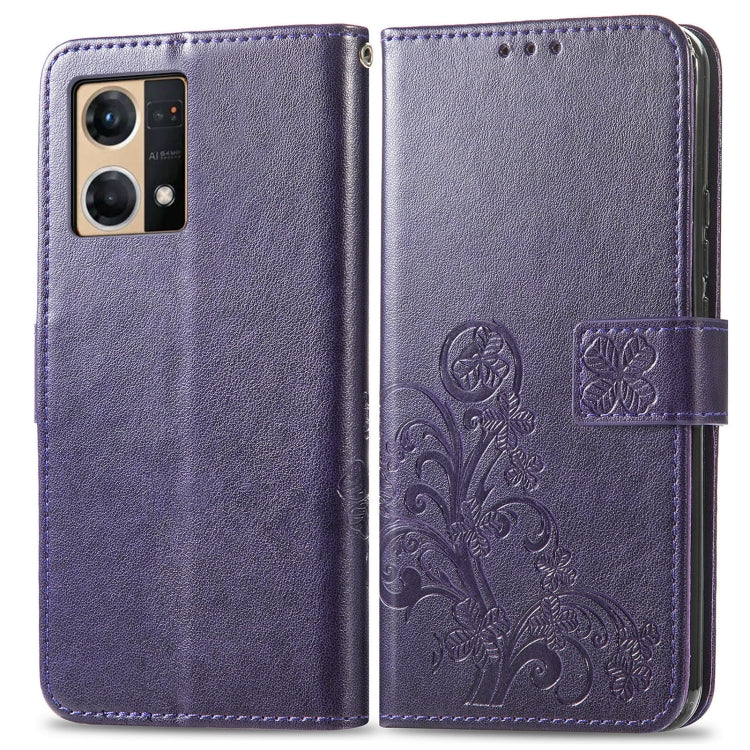 For OPPO Reno7 4G Four-leaf Clasp Embossed Buckle Leather Phone Case