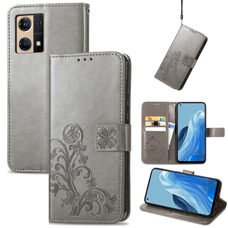 For OPPO Reno7 4G Four-leaf Clasp Embossed Buckle Leather Phone Case