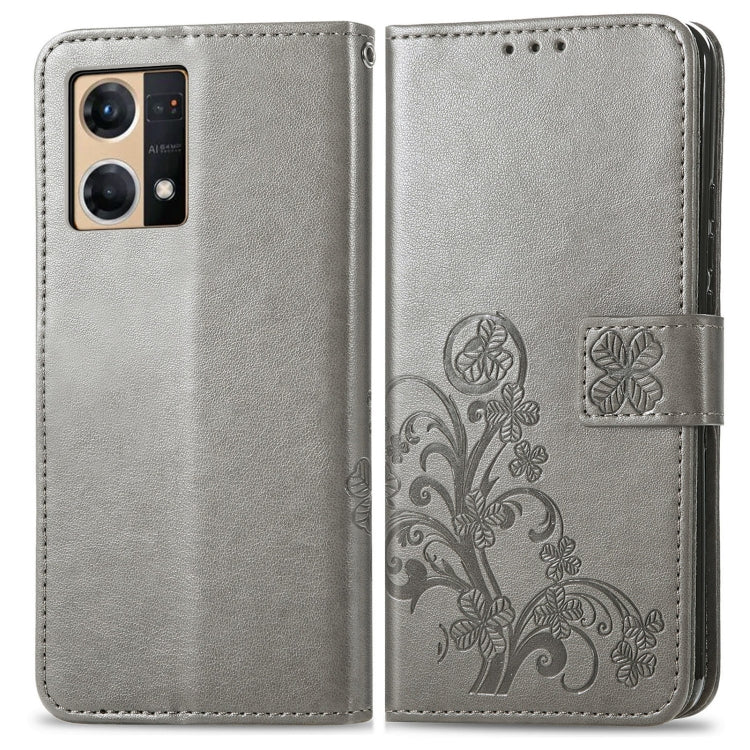 For OPPO Reno7 4G Four-leaf Clasp Embossed Buckle Leather Phone Case