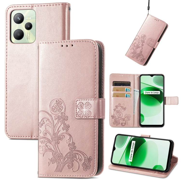 For OPPO Realme C35 Four-leaf Clasp Embossed Buckle Leather Phone Case