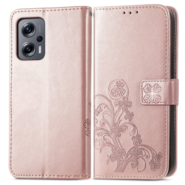 For Xiaomi Redmi Note 11T 5G Four-leaf Clasp Embossed Buckle Flip Leather Phone Case