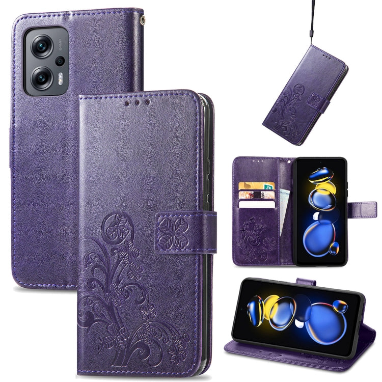 For Xiaomi Redmi Note 11T 5G Four-leaf Clasp Embossed Buckle Flip Leather Phone Case