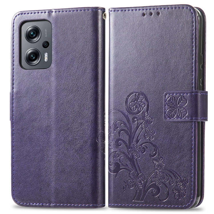For Xiaomi Redmi Note 11T 5G Four-leaf Clasp Embossed Buckle Flip Leather Phone Case