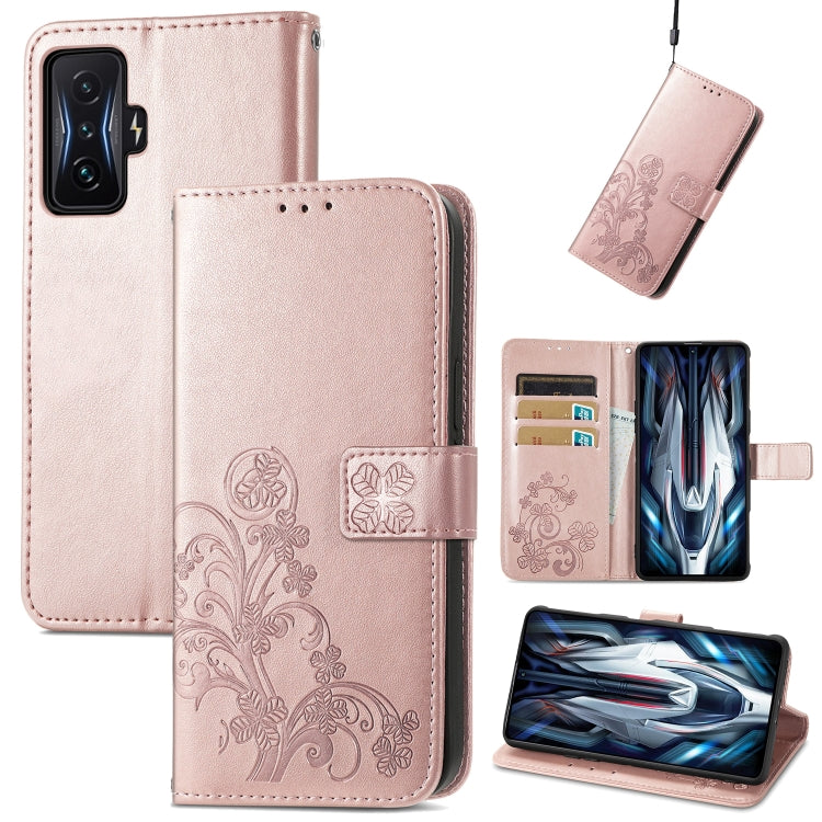 For Xiaomi Redmi K50 Gaming Four-leaf Clasp Embossed Buckle Leather Phone Case