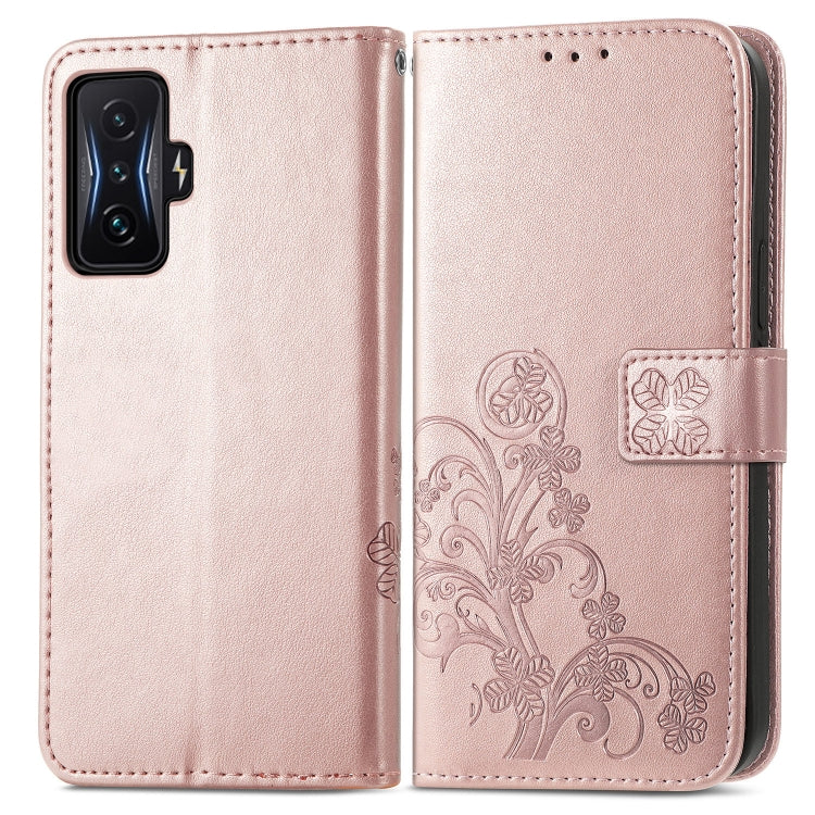 For Xiaomi Redmi K50 Gaming Four-leaf Clasp Embossed Buckle Leather Phone Case