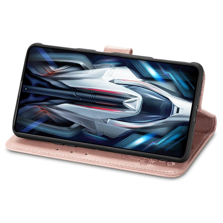 For Xiaomi Redmi K50 Gaming Four-leaf Clasp Embossed Buckle Leather Phone Case