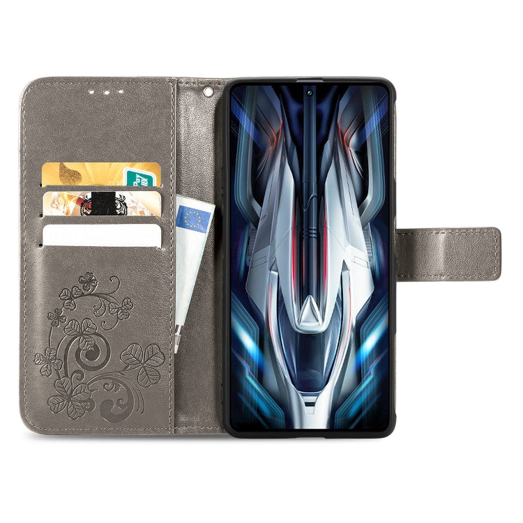 For Xiaomi Redmi K50 Gaming Four-leaf Clasp Embossed Buckle Leather Phone Case