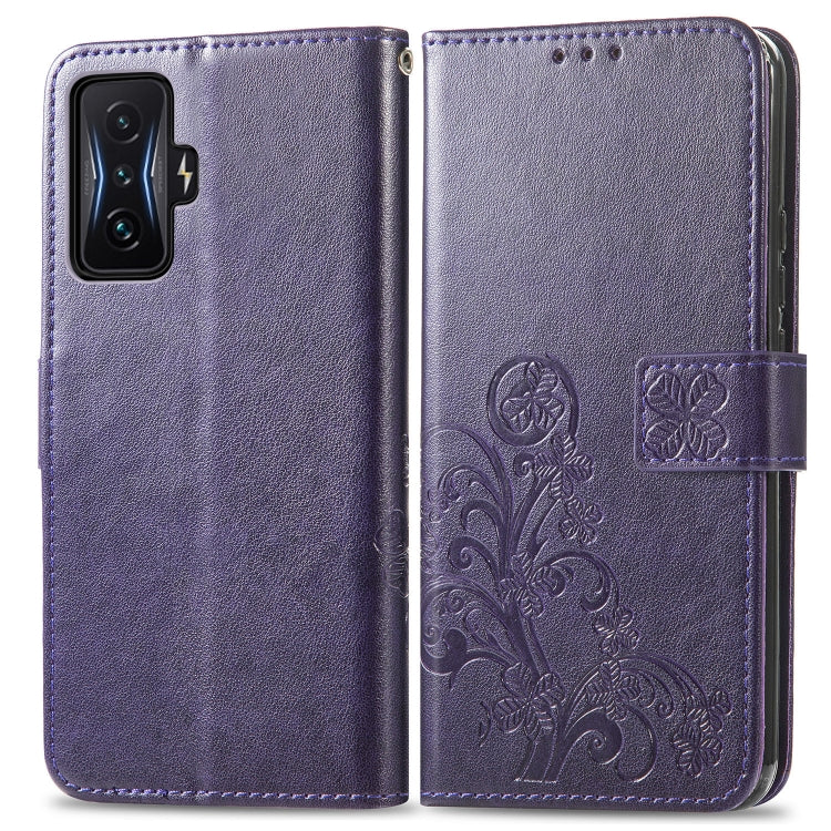 For Xiaomi Redmi K50 Gaming Four-leaf Clasp Embossed Buckle Leather Phone Case