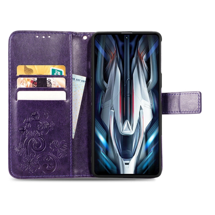 For Xiaomi Redmi K50 Gaming Four-leaf Clasp Embossed Buckle Leather Phone Case