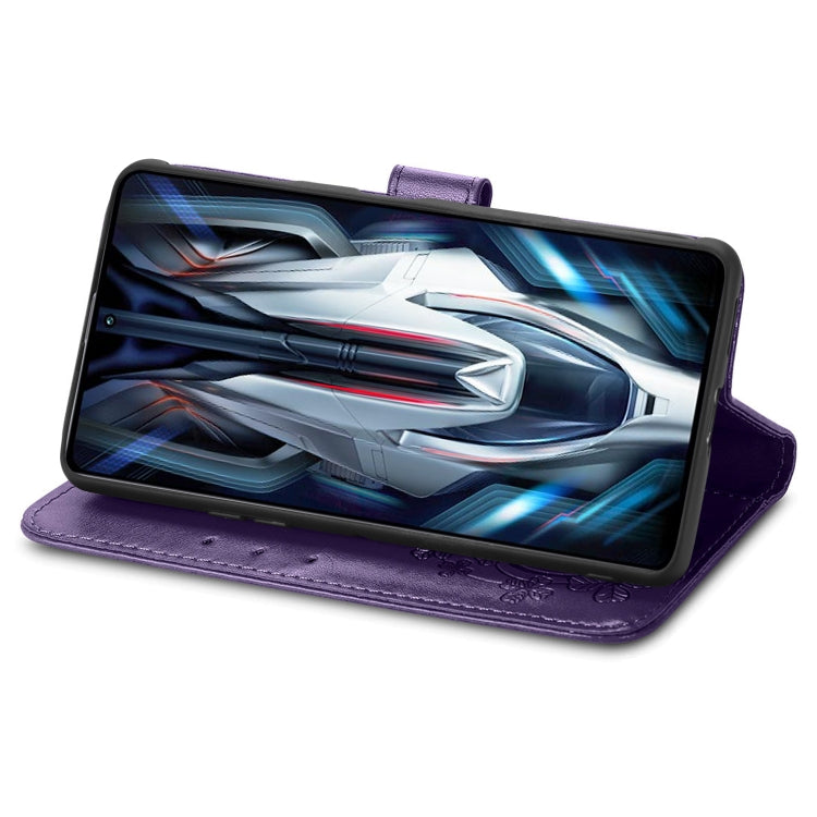 For Xiaomi Redmi K50 Gaming Four-leaf Clasp Embossed Buckle Leather Phone Case