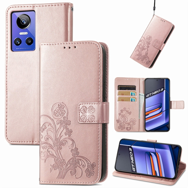 For Realme GT Neo 3 Four-leaf Clasp Embossed Buckle Leather Phone Case